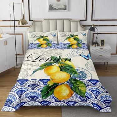 Imagem de Conjunto de cama queen com limão amarelo, frutas de verão, 3 peças, para decoração de quarto de crianças, meninas, meninos, mulheres, azul, vintage, estampa de ondas, conjunto de edredom rústico