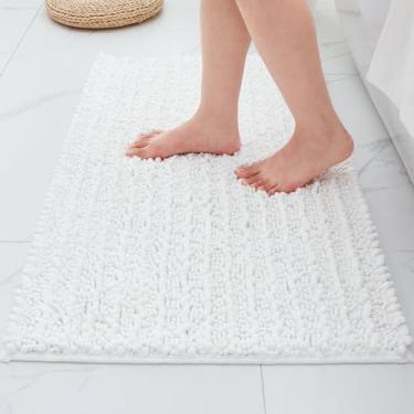 Imagem de ILANGO Tapetes de banheiro brancos 91 x 61 cm, tapetes de banho de chenille absorventes extramacios, tapete de banho grosso, antiderrapante, felpudo, lavável na máquina, tapetes de banho de secagem