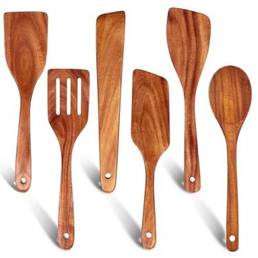 Imagem de Conjunto de 6 espátulas planas de madeira, colher de madeira de teca para utensílios de cozinha, espátula, espátula, não tóxica, conjunto de utensílios de cozinha, raspador, espátulas de bambu