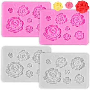 Imagem de 4 peças moldes de fondant rosa 3D flores chocolate molde de silicone DIY para decoração de bolos, topo de cupcake, chocolate, doces, velas, argila