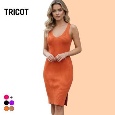 Imagem de Vestido Curto Tricot Alça Fenda Elastano - Vitrine Collection, Laranja