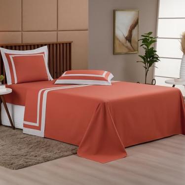 Imagem de Jogo de Lençol Casal Queen King 4 Peças Percal 300 Fios 100% Algodão - Toque Acetinado Suave e Confortável – Enxoval Cama Casa (Terracota, Casal)