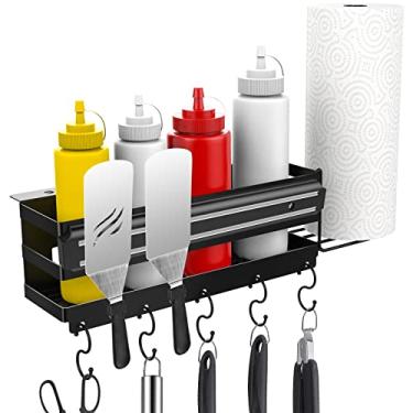 Imagem de RUSFOL Organizador de chapa de aço inoxidável 3 em 1 com tira magnética para utensílios de churrasco e suporte de toalha de papel para grelhas de 71 cm/91 cm, caixa de armazenamento de acessórios para churrasco que economiza espaço, e livre de furadeira