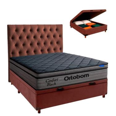 Imagem de Baú Marrom + Cabeceira + Colchão Casal Confort Black Ortobom