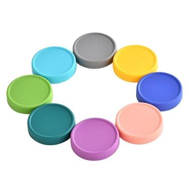 Imagem de Pacote com 8 tampas de frascos de conserva de plástico colorido (boca normal), tampas de conserva à prova de vazamento com anéis de silicone para frascos de conserva esféricos, tampas de potes de