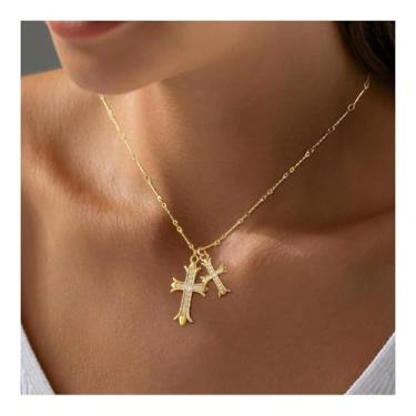 Imagem de Colar de cruz para mulheres, banhado a ouro, prata, colar com pingente de cruz dupla, pingente de diamante delicado, corrente de elos gargantilha, presentes, One Size, Latão, Sem Pedra Preciosa