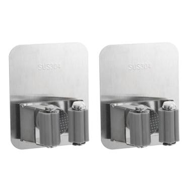 Imagem de Suporte de parede para vassoura de esfregão, 2 peças, suporte de esfregão de aço inoxidável 304, gancho autoadesivo para vassoura com parafusos, adequado para banheiro, lavanderia, cinza