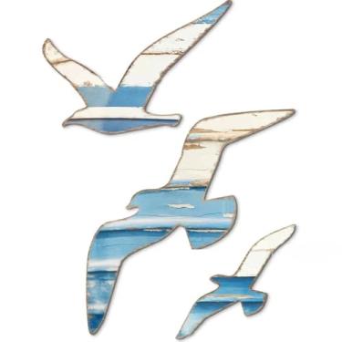 Imagem de 3 peças de arte de parede de gaivota - esculturas costeiras náuticas adesivas, decoração de casa de praia vintage para banheiro/casa