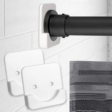 Imagem de Suportes de varão de cortina grandes ajustáveis com adesivo – pacote com 2 suportes brancos, sem perfuração, para hastes de chuveiro ou janela
