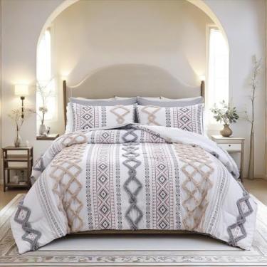 Imagem de MOVE OVER Conjunto de edredom king com tufos, bege e cinza, 5 peças, 100% microfibra macia, boho, asteca, estilo moderno, étnico, boho, tufado, para todas as estações