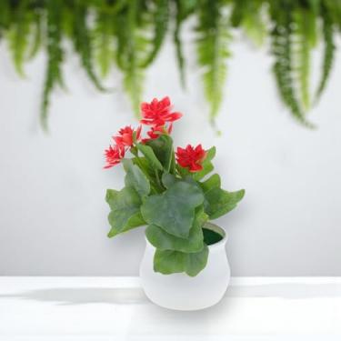 Imagem de Generic 1 peça de plantas artificiais, 5 peças, mini lótus, vaso artificial, plástico, vermelho, 9 x 9 x 18 cm