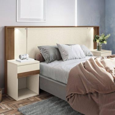 Imagem de Cabeceira Casal Tennesse 2 Gavetas Ripado com Led Jatoba/Areia - Pnr Móveis