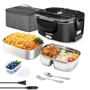 Imagem de Dosevita Lancheira Elétrica para Adultos, Lancheira Aquecida 80W Dupla 1,5L 304 Aço Inoxidável Portátil Aquecedor de Alimentos 12/24/110V Lonchera Eléctrica Portátil para Carro, Caminhão, Trabalho