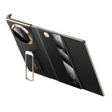 Imagem de HAOMRIYL Capa de couro genuíno para Huawei Mate Xts/XT, suporte de alça de pulso, capa de proteção luxuosa, janela de visualização clara, capa flip de corpo inteiro, capa à prova de choque, preta