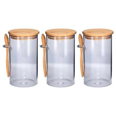 Imagem de 3 Potes Hermético de Vidro com Tamba e Colher de Bambu 300ml - Tuut