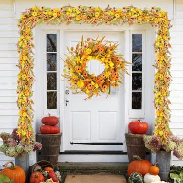 Imagem de Guirlanda de folhas de outono, guirlanda artificial de 1,8 m, flores laranjas e amarelas, margarida, eucalipto, folha de bambu, decorações de colheita de outono para casa, mesa de jantar de ação de