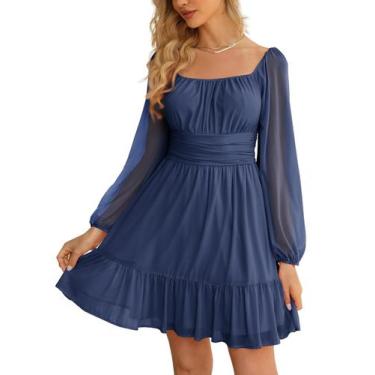 Imagem de Vestido Wenrine Mesh, manga comprida, gola quadrada, linha A, azul mar