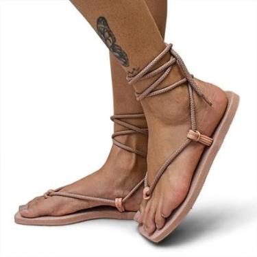 Imagem de Sandália Rasteira Feminina de Amarrar Bico Quadrado Modernidade Inovação Lançamento Bege-Feminino