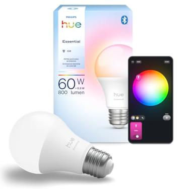 Imagem de Philips Hue Essential Smart LED A19 White & Ambient Color Holofote E26 Base 8.8W 2200K-6500K 800 Lumens Intensidade Regulável Funciona com Alexa, Google Assistant e Apple Home, Pacote com 1