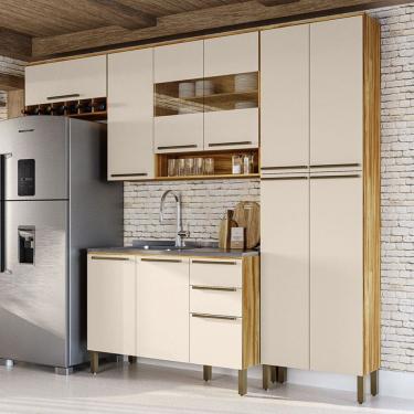 Imagem de Armário de Cozinha Modulada com Balcão e Tampo 11 Portas 2 Gavetas Xangai 100% Mdf com Vidro Reflecta Amêndoa/Off White - Pnr Móveis