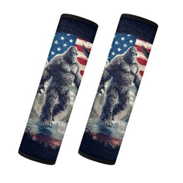 Imagem de Bulopur Capas de cinto de segurança com bandeira americana Sasquatch Almofada de ombro de flanela macia felpuda almofadas de cinto de segurança universais acessórios automotivos para todos os carros e
