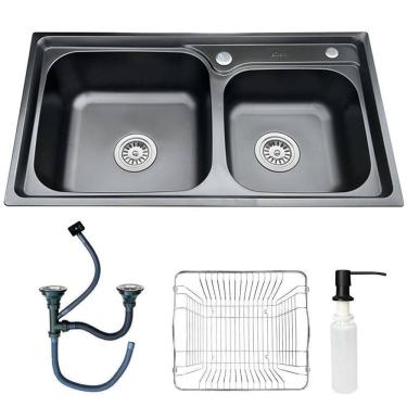 Imagem de Cuba Dupla Gourmet Pia Cozinha Inox Preto Acessório Brinovar