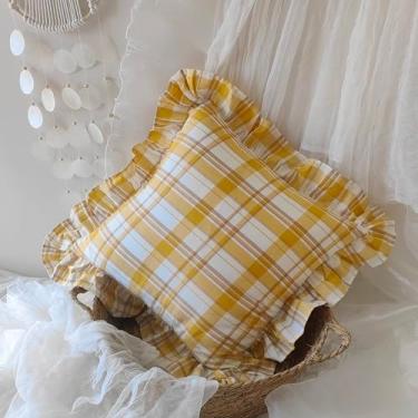 Imagem de Minoki Farmhouse Cottage Capa de almofada xadrez Euro Sham com acabamento de babados – 61 x 61 cm, fronha de almofada de algodão lavado para decoração rústica de quarto, sofá e casa de campo