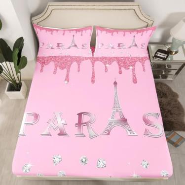 Imagem de Jogo de lençol solteiro com estampa rosa brilhante da Torre de Paris, 2 peças (sem lençol de cima), romântico, francês, Paris para decoração de quarto de meninos e meninas e adolescentes, lençol com