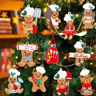 Imagem de Conjunto de 12 enfeites de chef e padeiro de gengibre – bonecos fofos segurando espátulas, batedores, rolos de massa e aventais – Decorações exclusivas de árvore de Natal com tema de cozinha de PVC