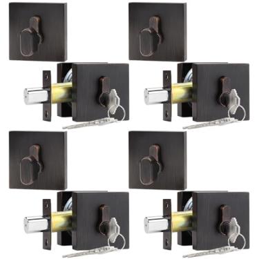 Imagem de Probrico Fechaduras de cilindro único com chave (pacote com 4) Fechaduras de entrada e porta da frente Conjunto quadrado de bronze polido a óleo com as mesmas chaves, ferragens antifurto para portas