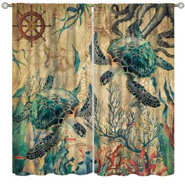 Imagem de Cortina vintage de tartaruga marinha náutica, polvo, oceano, azul-petróleo, peixe, concha, água-viva, peixe, estampado, varão, bolso, janela, tratamentos para quarto, sala de estar, decoração 106,7 cm