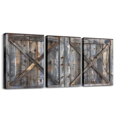 Imagem de Erosebridal Arte de parede em tela de porta de celeiro de madeira 30,5 x 40,6 cm 3 peças de madeira rústica vintage pranchas decoração de parede casa de fazenda porta de madeira pôster impresso país