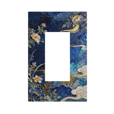 Imagem de WUYOCHA Capas de tomada decorativas flor azul branca linha dourada nuvem 1 gangue interruptor de luz interruptor placa de parede única para tomadas elétricas capas de placa de interruptor placa