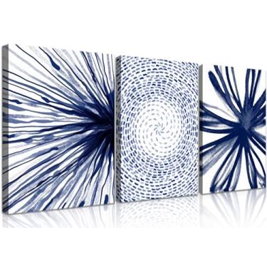 Imagem de 3 peças arte de parede em tela geométrica abstrata azul moderna minimalista tinta azul pintura linha abstrata decoração de parede pôster geométrico neutro impressão de arte adequada para sala de estar