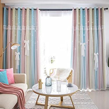 Imagem de Cortina blackout de camada dupla com estrelas abertas, misture e combine cortinas blackout de voile transparente, cortina de ilhó para quarto de meninas, com sobreposição de tule, isolamento térmico