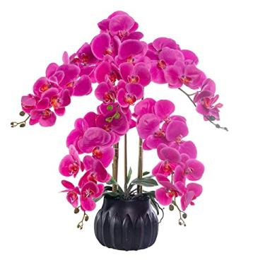Imagem de Orquídea Phalaenopsis roxa falsa flor artificial 5 ramos borboleta orquídea com vaso de cerâmica galvanizado bonito artificial