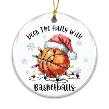 Imagem de Enfeite de basquete 2025, enfeite de deck The Halls com bolas de basquete – chapéu de Papai Noel e luzes, presente de elefante branco para jogadores, treinadores e fãs, lembrança de árvore de natal de