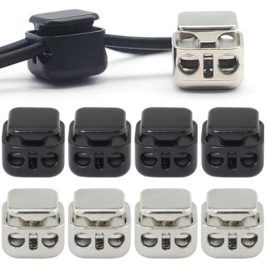 Imagem de FMHXG 8 peças ganchos quadrados de mola de liga de zinco prata branco 4 cada preto brilhante 4 cada extremidade de bloqueio de cabo de metal alternância de furo duplo com cordão clipe de fixação para