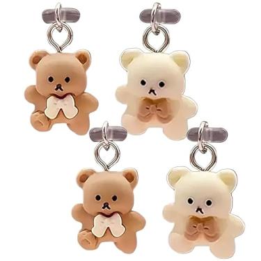 Imagem de 4 peças bonito plugue de poeira USB C, capa de plugue de poeira tipo C de urso de desenho animado, plugue de poeira tipo C com pingentes de urso, protetor de porta de carregamento de telefone, capa