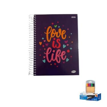 Imagem de Kit Caderno Feminino 20 Matérias 400 Folhas + Caneta Point 88 Estojo 10 Cores + Grampeador Metallic C-15