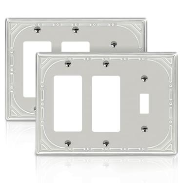 Imagem de Combinação de metal para interruptores de luz, placa de parede, 1 interruptor/2 placas decorativas, níquel escovado, placa de parede decorativa de 3 grupos - estilo retrô clássico, pacote com 2