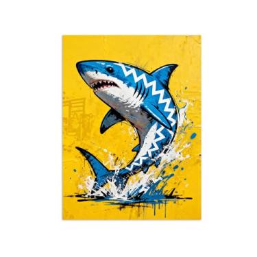 Imagem de Animais Pintura Arte Parede - Tubarão Azul - Impressões em tela - Moderno Colorida Pôster para decoração sala de estar 60x80cm Sem Moldura
