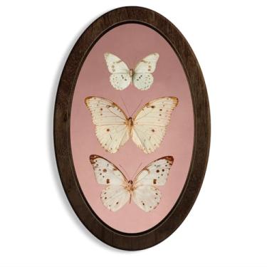 Imagem de Dilemat Decoração de parede oval de borboleta vintage, arte de parede emoldurada de borboleta rosa cottagecore, decoração oval de mariposa neutra para decoração de parede para decoração de casa
