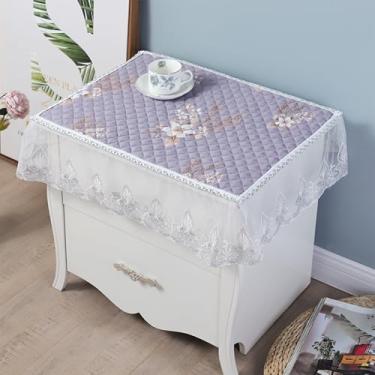 Imagem de Toalha de mesa de cabeceira retangular pequena bordada floral com acabamento em renda capa de mesa de cabeceira rústica de casa de fazenda pano de algodão para decoração de mesa de quarto - roxo 51 x