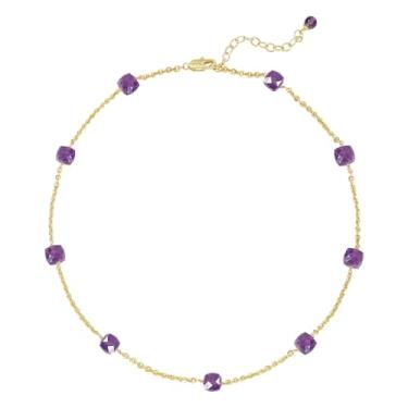 Imagem de Dremmy Studios Colar de ametista, banhado a ouro 14K, hipoalergênico, resistente a manchas, feito à mão, com contas de 39 cm + 5 cm, joia gargantilha para mulheres, aniversário, aniversário, dia dos