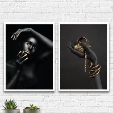 Imagem de Kit 2 Quadros Mulher Bijuterias Dourada 45X34 Vidro - Branca - Quadros