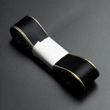 Imagem de Fita de cetim com bordas douradas de 5,46 metros para embrulho de tecido de 2,7 cm para buquê de casamento, laços florais, artesanato, festa, decoração de casa, preta