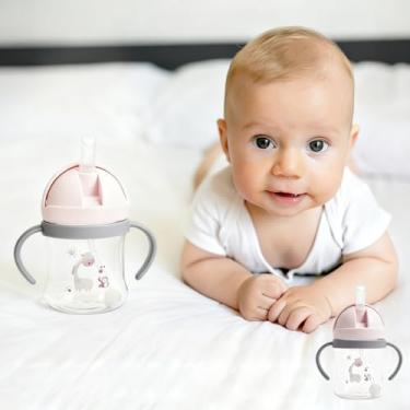 Imagem de Garrafa de água | Padrão de desenho animado de girafa, copo de água pequeno de 250 ml, à prova de vazamento | Antiasfixia | Com canudo e alça, feito de plástico durável (rosa