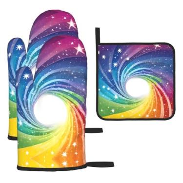 Imagem de Fundo arco-íris – Conjunto de cozinha essencial com 3 peças, luvas resistentes ao calor e aderência da tampa, proteção para churrasco no forno, design de armazenamento suspenso.