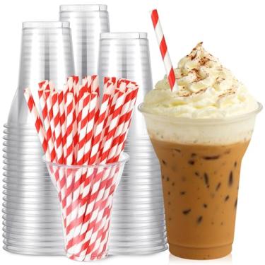 Imagem de Baderke 100 conjuntos de copos parfait de plástico transparente com canudos de papel vermelho descartáveis de raiz de cerveja copos de sorvete Sunda de Natal para iogurte milk shake festa bebidas (425